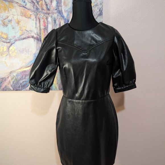 Y2K Inspired Black Faux Leather Mini Dress Size Small Puffy Short Sleeve Lined - Picture 2 of 12